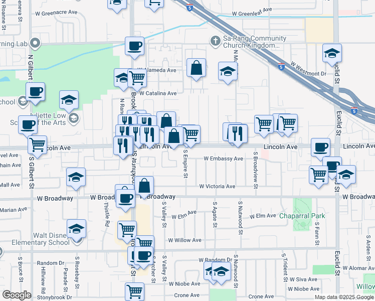 map of restaurants, bars, coffee shops, grocery stores, and more near 2060 West Lincoln Avenue in Anaheim