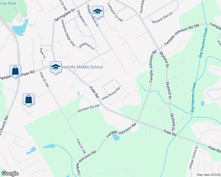map of restaurants, bars, coffee shops, grocery stores, and more near Pate Brook Court in Snellville