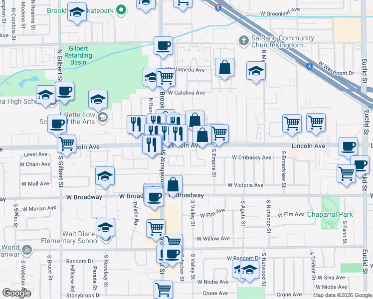 map of restaurants, bars, coffee shops, grocery stores, and more near 2146 West Lincoln Avenue in Anaheim
