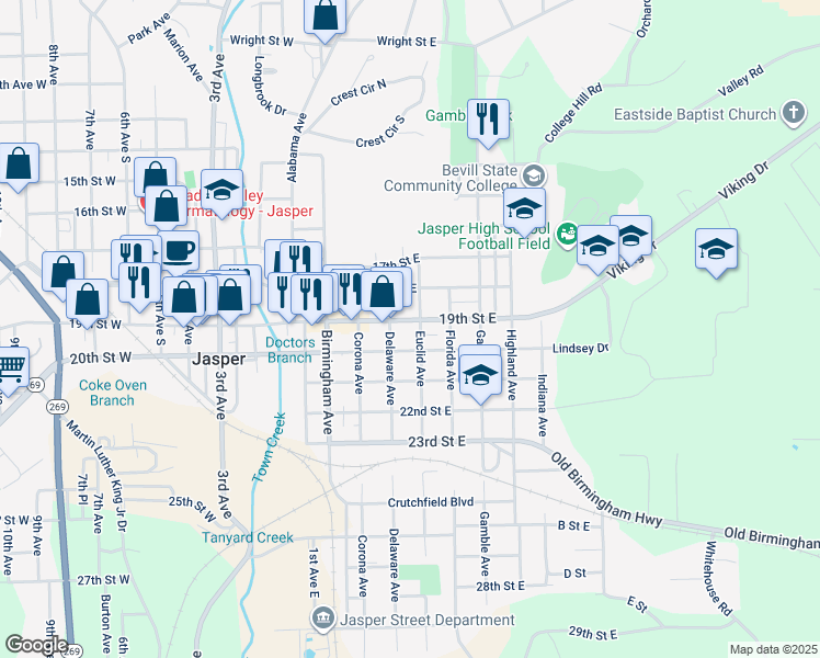 map of restaurants, bars, coffee shops, grocery stores, and more near 450-498 19th Street East in Jasper