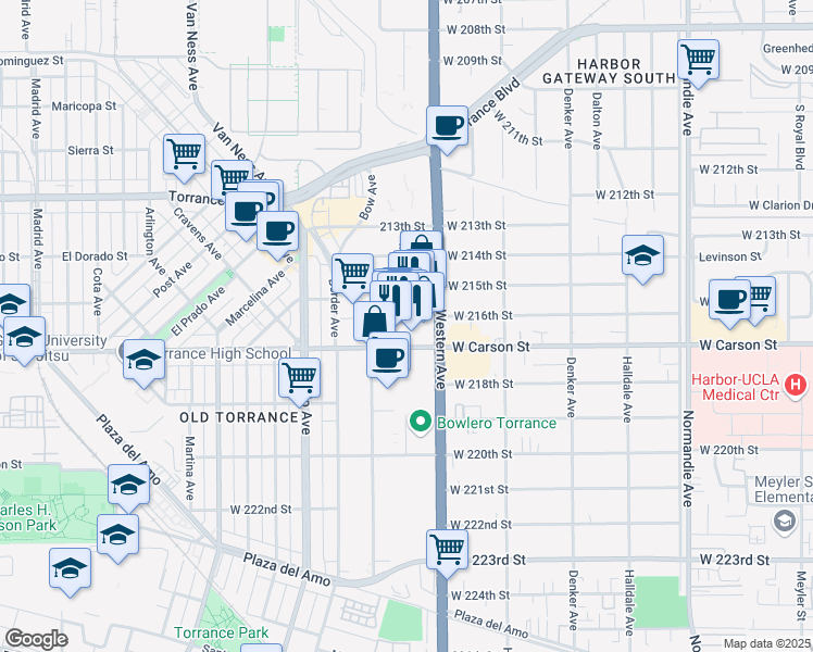 map of restaurants, bars, coffee shops, grocery stores, and more near 1632-1660 Abalone Avenue in Torrance