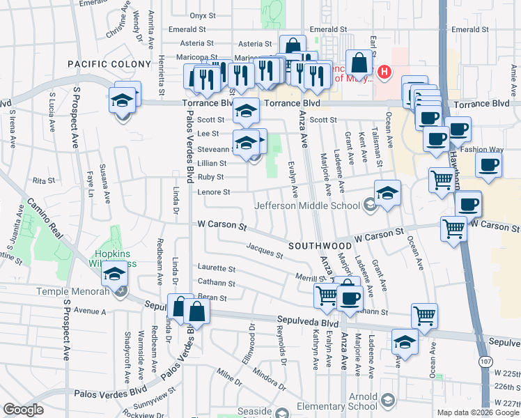 map of restaurants, bars, coffee shops, grocery stores, and more near 21514 Ellinwood Drive in Torrance