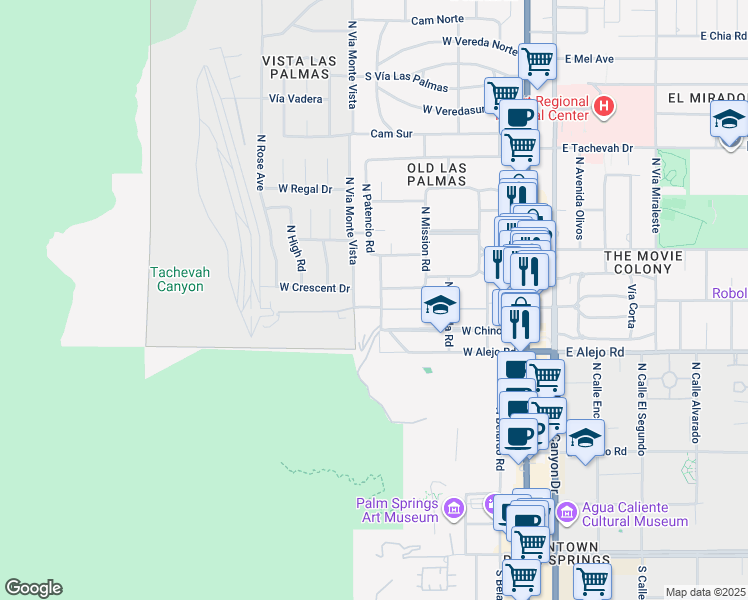 map of restaurants, bars, coffee shops, grocery stores, and more near 500 West Crescent Drive in Palm Springs