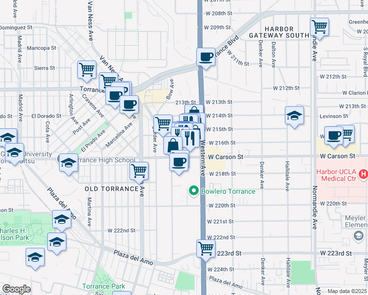map of restaurants, bars, coffee shops, grocery stores, and more near 1632 Abalone Avenue in Torrance