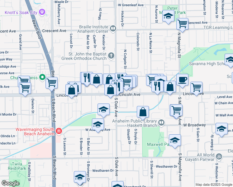 map of restaurants, bars, coffee shops, grocery stores, and more near West Lincoln Avenue & Dale Street in Anaheim