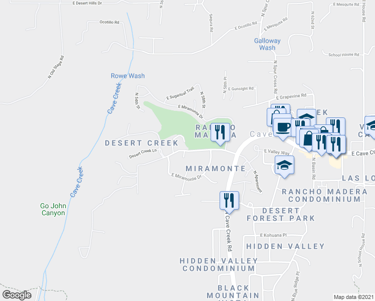 map of restaurants, bars, coffee shops, grocery stores, and more near 5734 East Rancho Manana Road in Cave Creek
