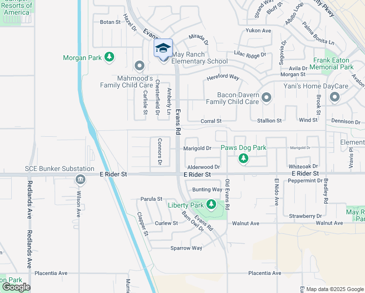 map of restaurants, bars, coffee shops, grocery stores, and more near 3344 Blossom Drive in Perris