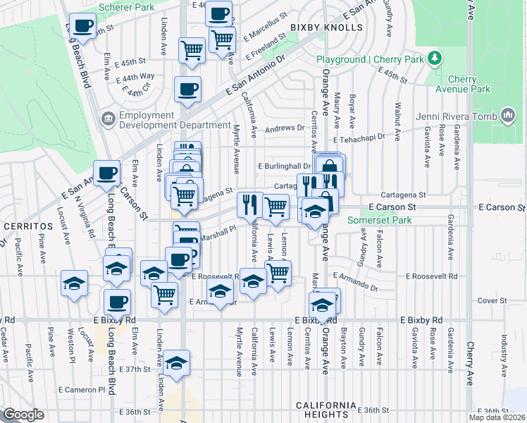 map of restaurants, bars, coffee shops, grocery stores, and more near 1014 East Carson Street in Long Beach