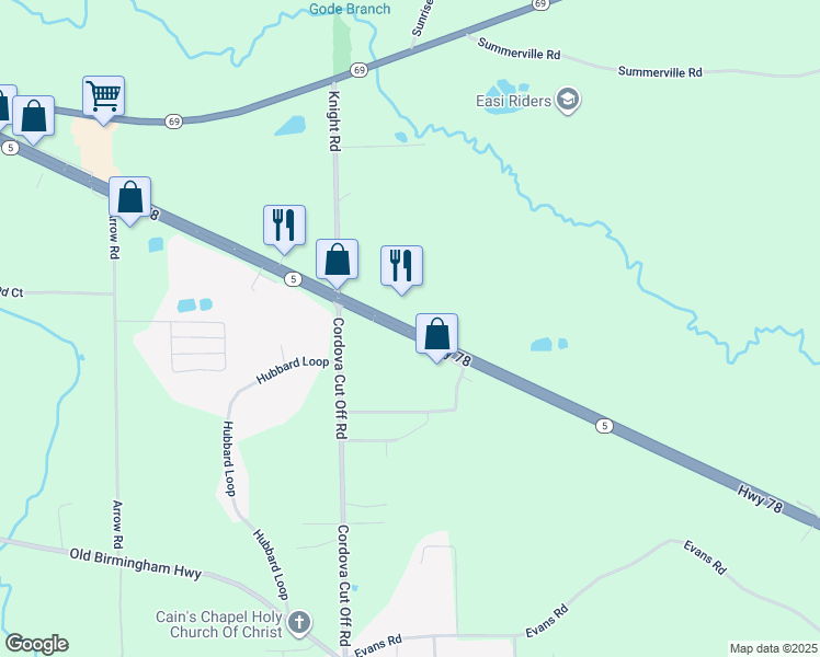 map of restaurants, bars, coffee shops, grocery stores, and more near 13188 Highway 78 East in Jasper