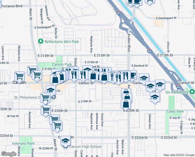 map of restaurants, bars, coffee shops, grocery stores, and more near 438 East Double Street in Carson