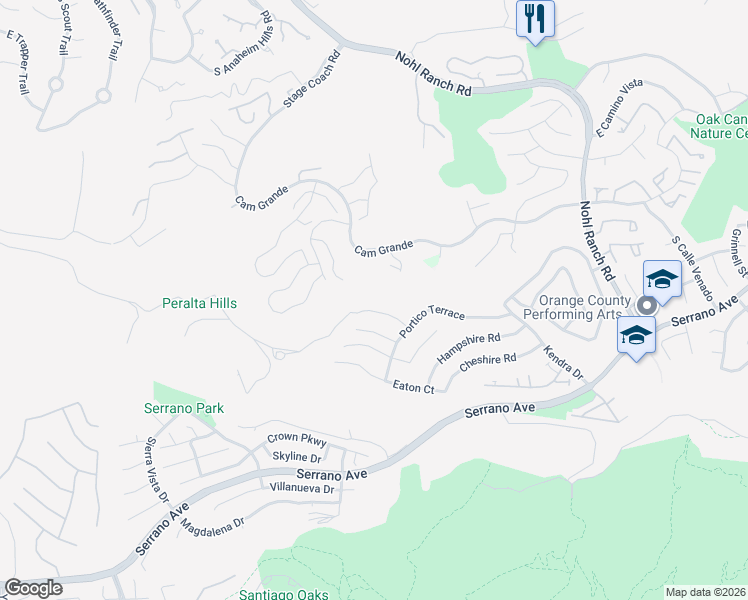 map of restaurants, bars, coffee shops, grocery stores, and more near 2571 Skytop Court in Orange