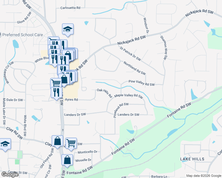 map of restaurants, bars, coffee shops, grocery stores, and more near 516 Oak Hills Road in Mableton