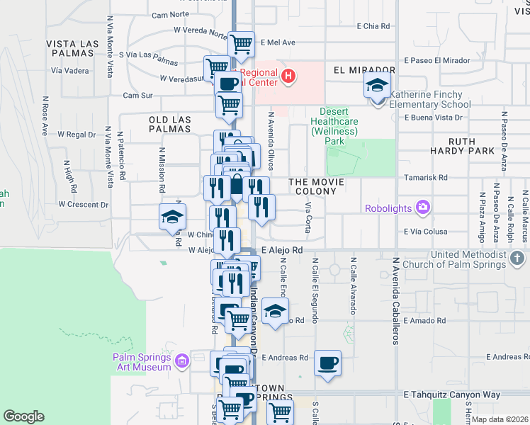 map of restaurants, bars, coffee shops, grocery stores, and more near 640 North Indian Canyon Drive in Palm Springs