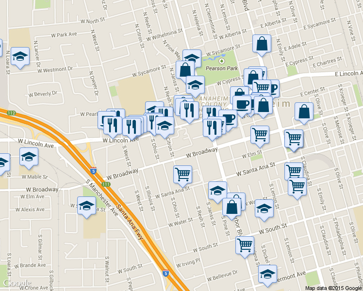 map of restaurants, bars, coffee shops, grocery stores, and more near 130 South Seneca Circle in Anaheim