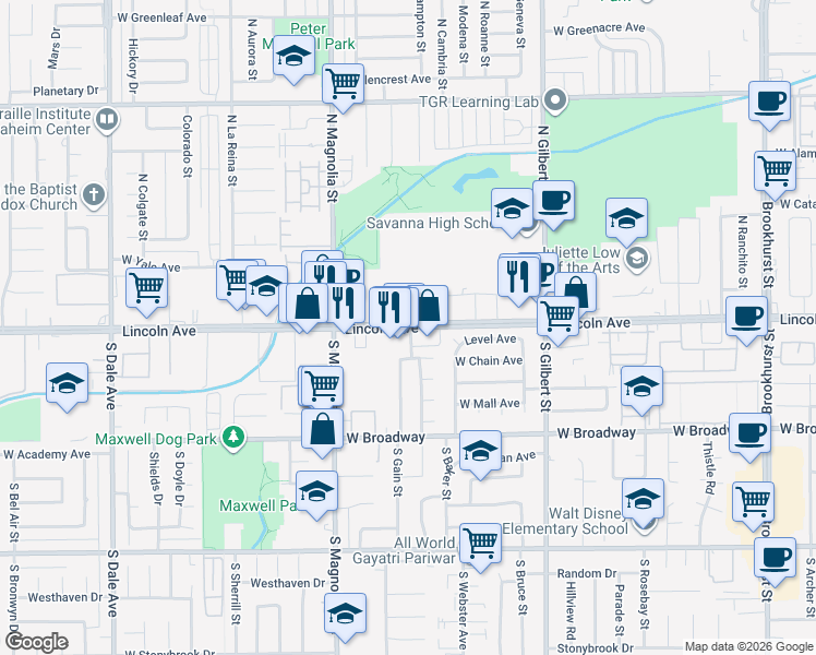 map of restaurants, bars, coffee shops, grocery stores, and more near 2955 West Lincoln Avenue in Anaheim