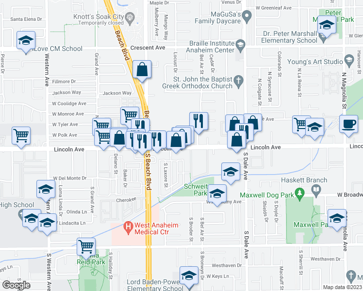 map of restaurants, bars, coffee shops, grocery stores, and more near 100 North Ridgeway Street in Anaheim