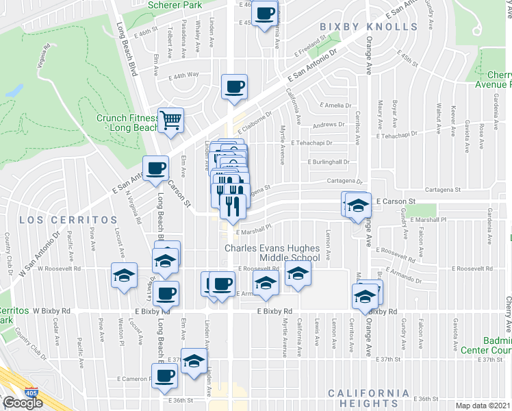 map of restaurants, bars, coffee shops, grocery stores, and more near 700 Cartagena Street in Long Beach