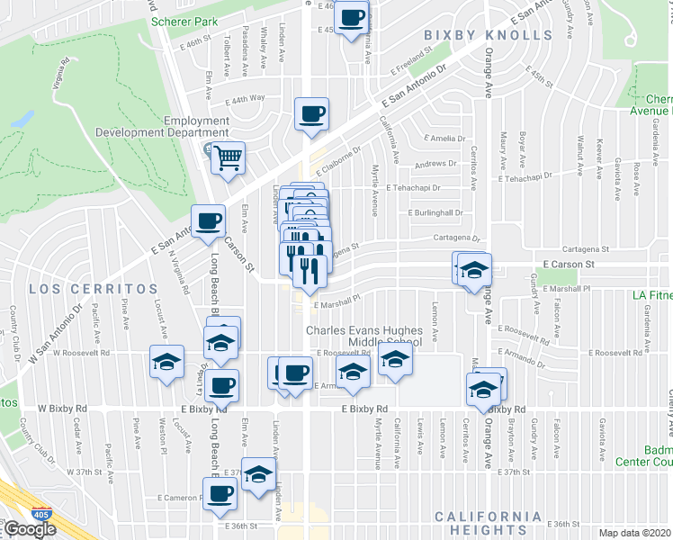 map of restaurants, bars, coffee shops, grocery stores, and more near 700 Cartagena Street in Long Beach
