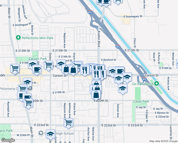 map of restaurants, bars, coffee shops, grocery stores, and more near 558 East Double Street in Carson