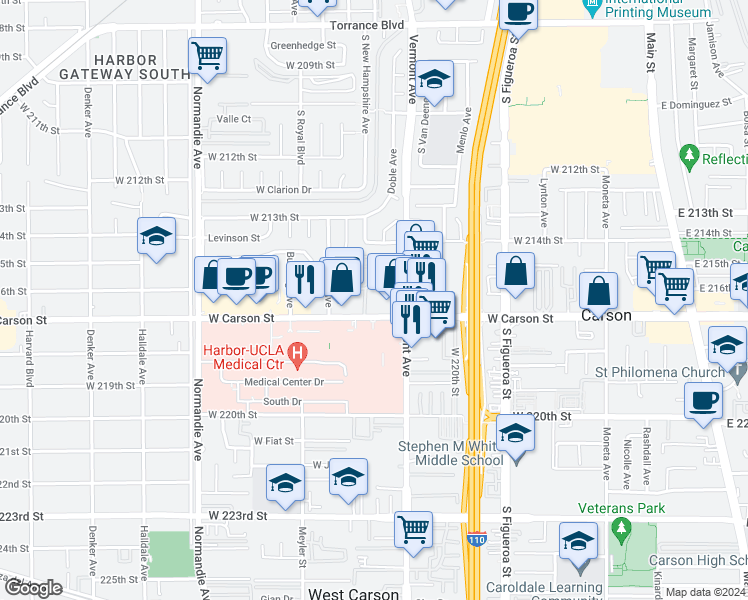 map of restaurants, bars, coffee shops, grocery stores, and more near 941 West Carson Street in Torrance