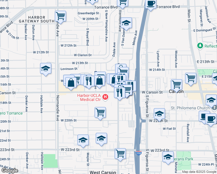 map of restaurants, bars, coffee shops, grocery stores, and more near 941 West Carson Street in Torrance