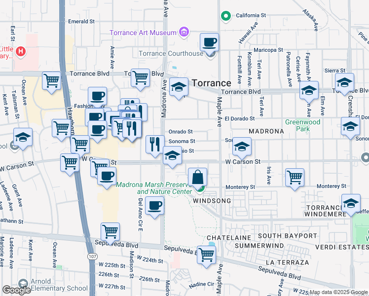 map of restaurants, bars, coffee shops, grocery stores, and more near 3202 Sonoma Street in Torrance