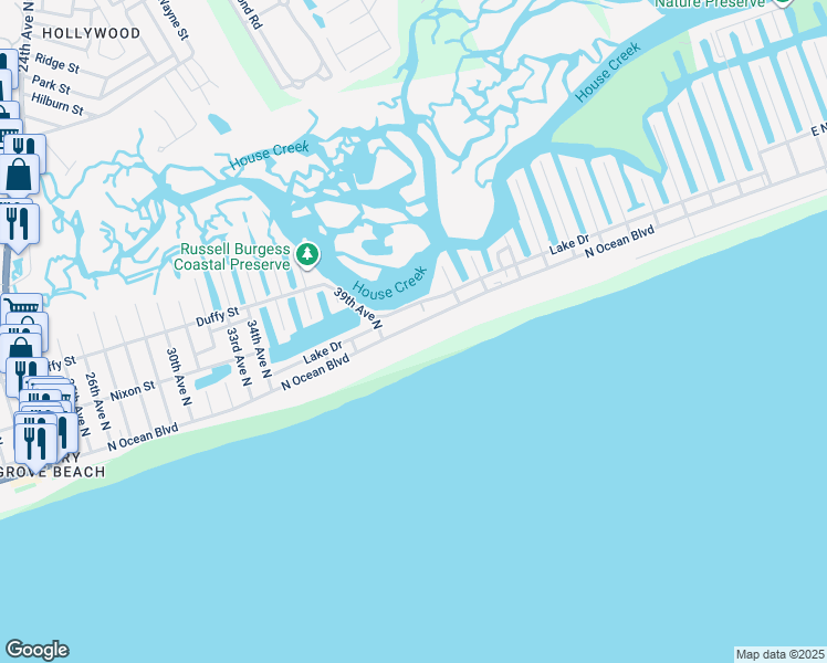 map of restaurants, bars, coffee shops, grocery stores, and more near 4006 North Ocean Boulevard in North Myrtle Beach