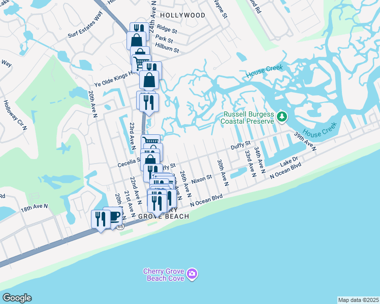 map of restaurants, bars, coffee shops, grocery stores, and more near 411 28th Avenue North in North Myrtle Beach