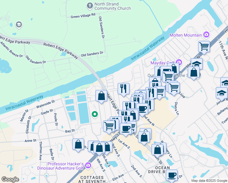 map of restaurants, bars, coffee shops, grocery stores, and more near 120 Riptide Circle in North Myrtle Beach