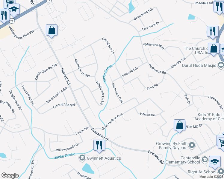 map of restaurants, bars, coffee shops, grocery stores, and more near 2601 Eastmont Trail in Snellville