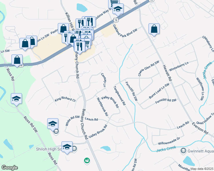 map of restaurants, bars, coffee shops, grocery stores, and more near 2390 Century Lane in Snellville