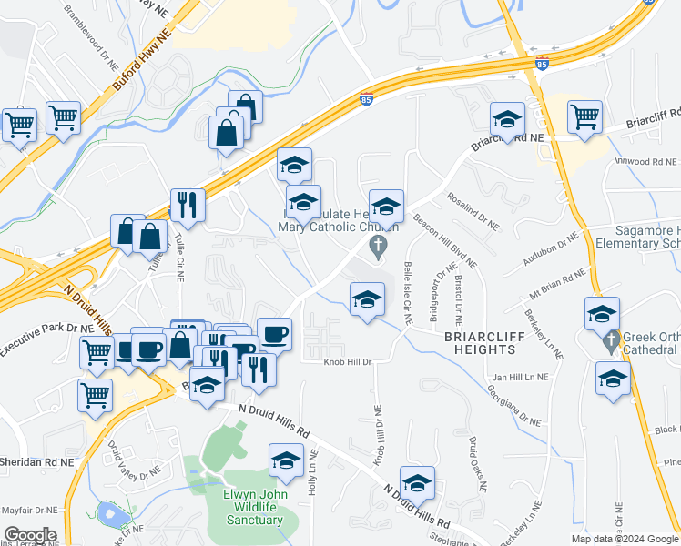 map of restaurants, bars, coffee shops, grocery stores, and more near 2772 Briarcliff Road Northeast in Atlanta