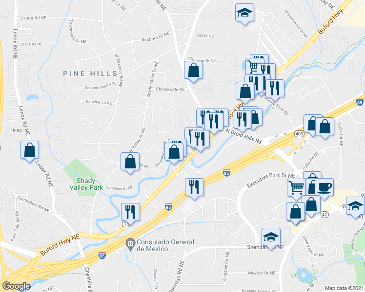 map of restaurants, bars, coffee shops, grocery stores, and more near 2822 Buford Highway Northeast in Atlanta