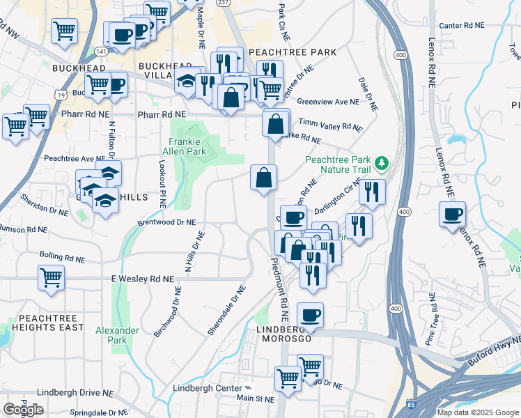 map of restaurants, bars, coffee shops, grocery stores, and more near 2852 Piedmont Road Northeast in Atlanta