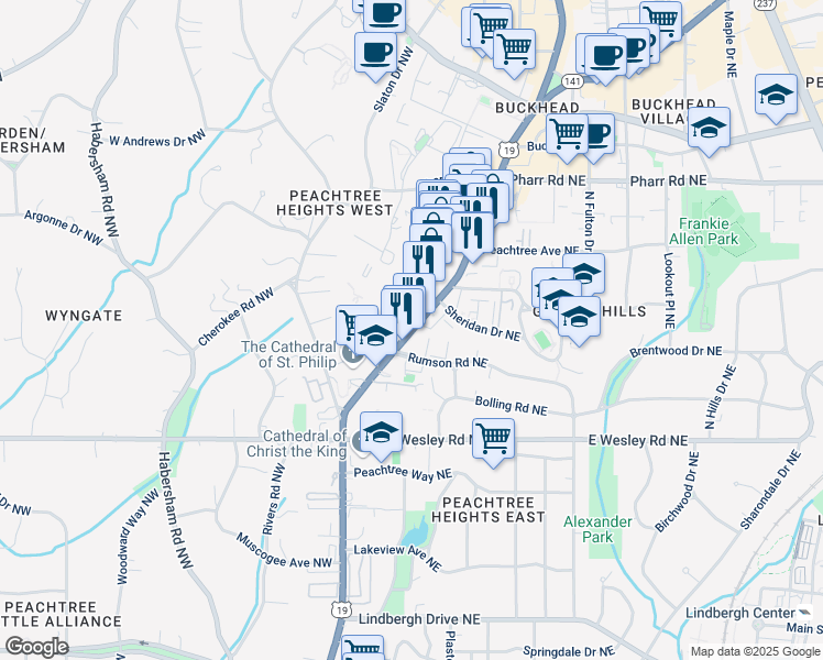 map of restaurants, bars, coffee shops, grocery stores, and more near 2814 Peachtree Road Northwest in Atlanta
