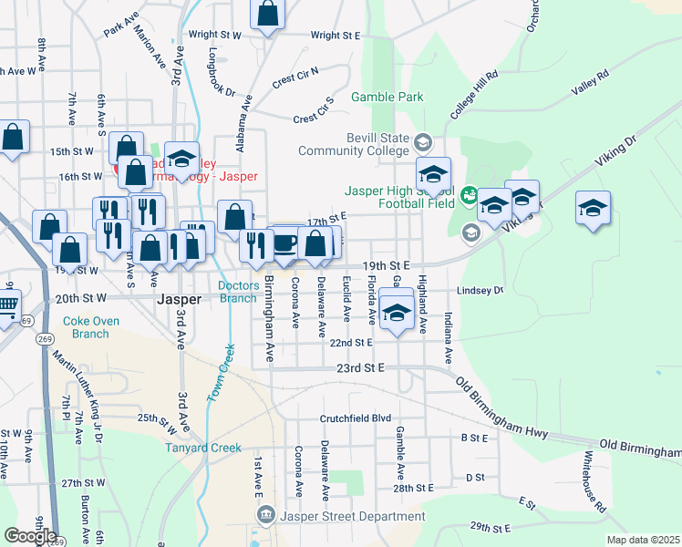 map of restaurants, bars, coffee shops, grocery stores, and more near 450-498 19th Street East in Jasper