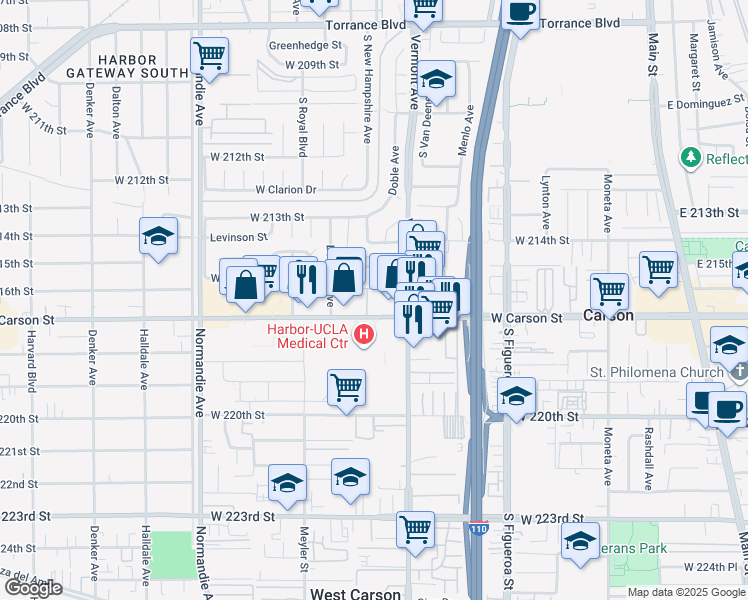 map of restaurants, bars, coffee shops, grocery stores, and more near 941 West Carson Street in Torrance