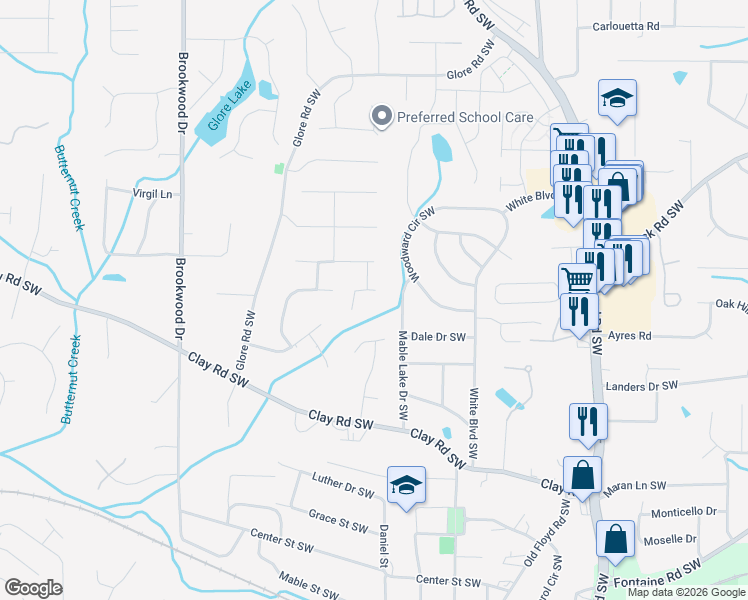 map of restaurants, bars, coffee shops, grocery stores, and more near 1049 Retner Drive Southwest in Mableton