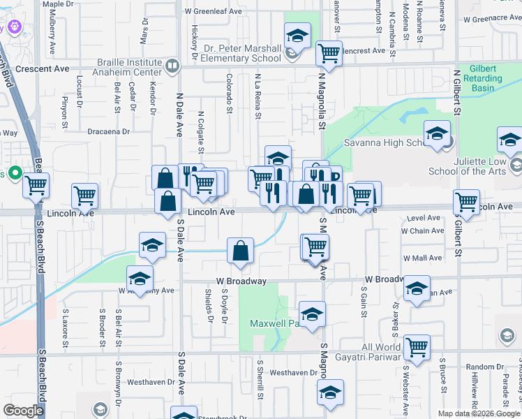 map of restaurants, bars, coffee shops, grocery stores, and more near 2673 West Lincoln Avenue in Anaheim