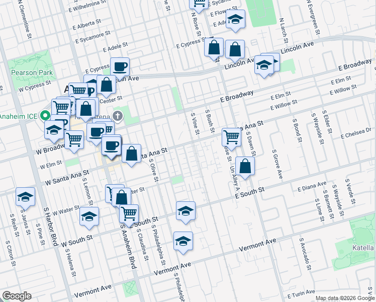 map of restaurants, bars, coffee shops, grocery stores, and more near 544 South Casita Street in Anaheim