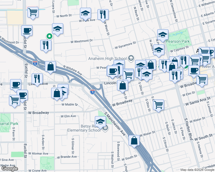 map of restaurants, bars, coffee shops, grocery stores, and more near 1215 West Center Street in Anaheim