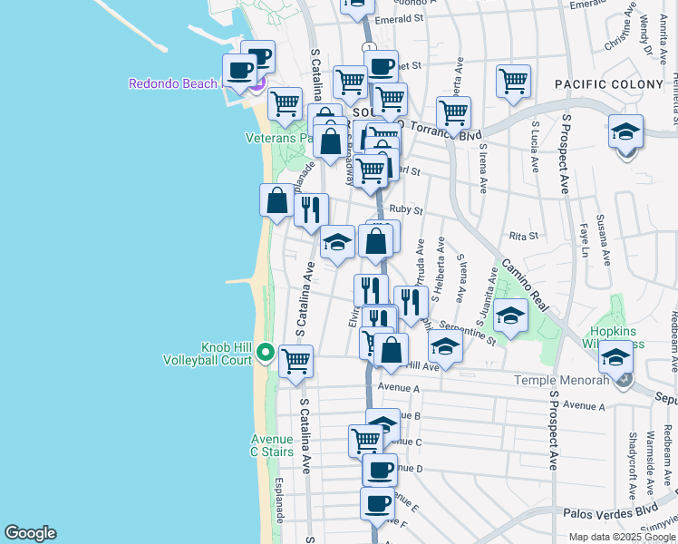 map of restaurants, bars, coffee shops, grocery stores, and more near in Redondo Beach