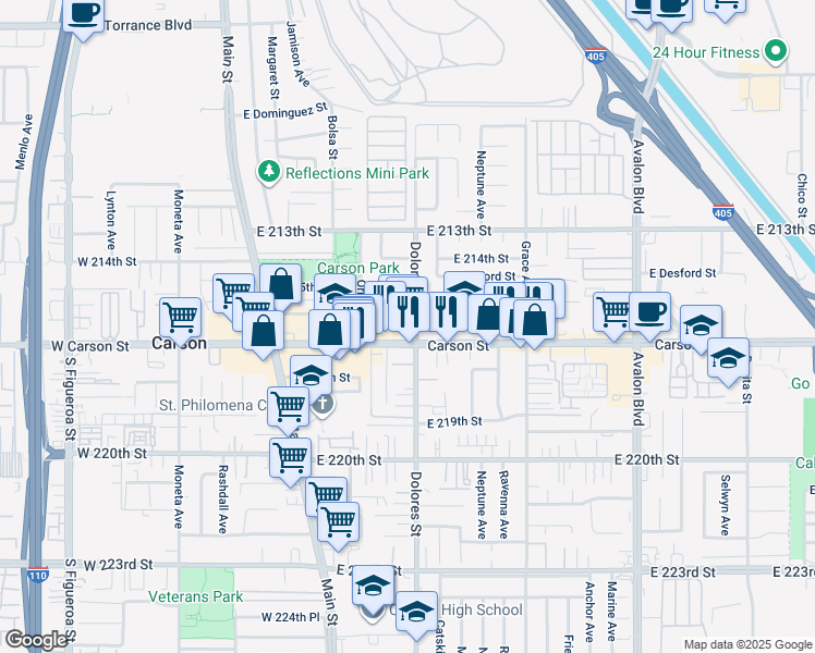 map of restaurants, bars, coffee shops, grocery stores, and more near 313 East Carson Street in Carson