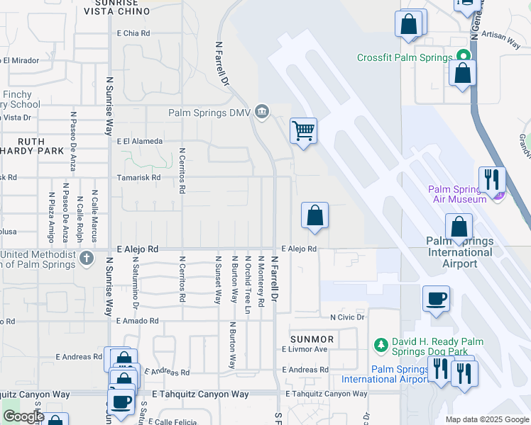 map of restaurants, bars, coffee shops, grocery stores, and more near 606 North Monterey Road in Palm Springs