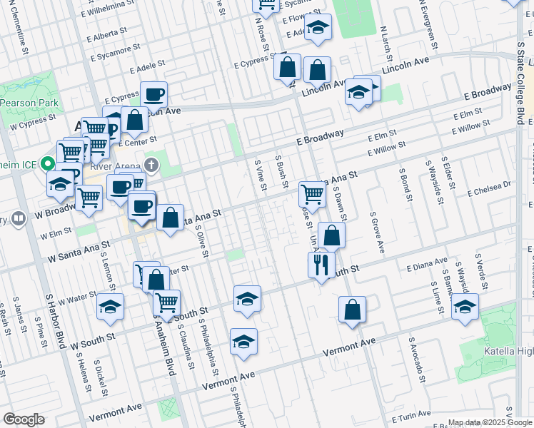 map of restaurants, bars, coffee shops, grocery stores, and more near 527 S Motif Street in Anaheim