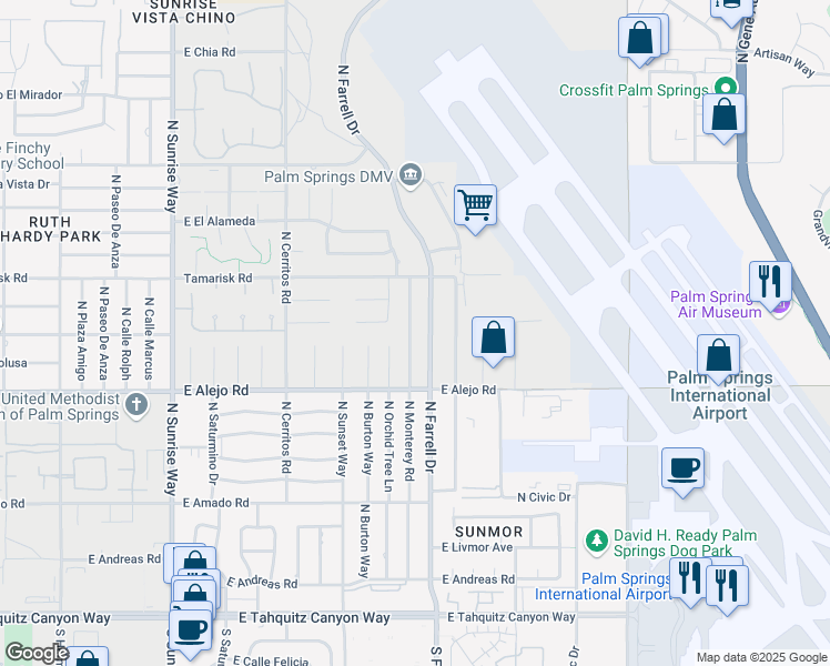 map of restaurants, bars, coffee shops, grocery stores, and more near 606 North Monterey Road in Palm Springs