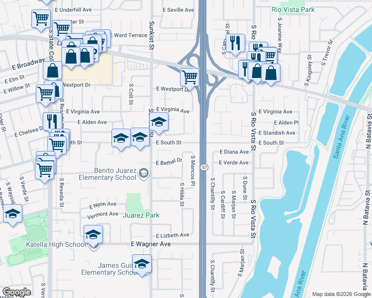 map of restaurants, bars, coffee shops, grocery stores, and more near 2617 East Diana Place in Anaheim