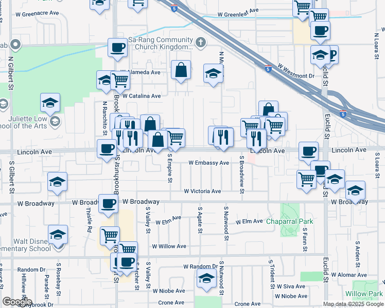 map of restaurants, bars, coffee shops, grocery stores, and more near 2010 West Lincoln Avenue in Anaheim