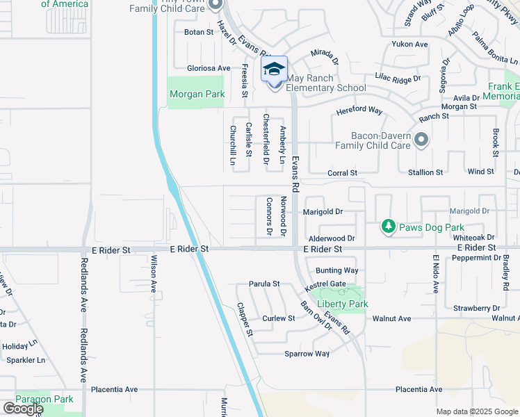 map of restaurants, bars, coffee shops, grocery stores, and more near 3357 Galway Lane in Perris