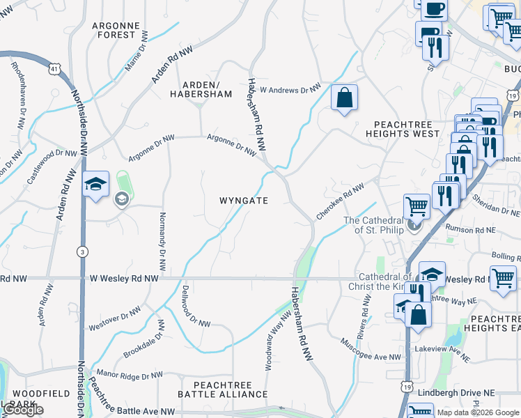 map of restaurants, bars, coffee shops, grocery stores, and more near 2837 Ramsgate Northwest in Atlanta